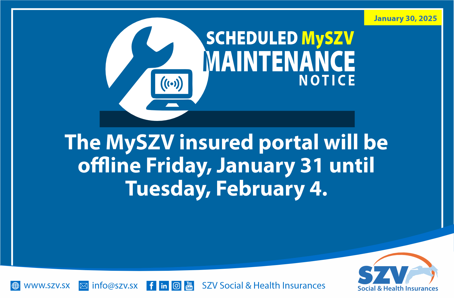 MySZV Portal will be offline January 31 - February 4 